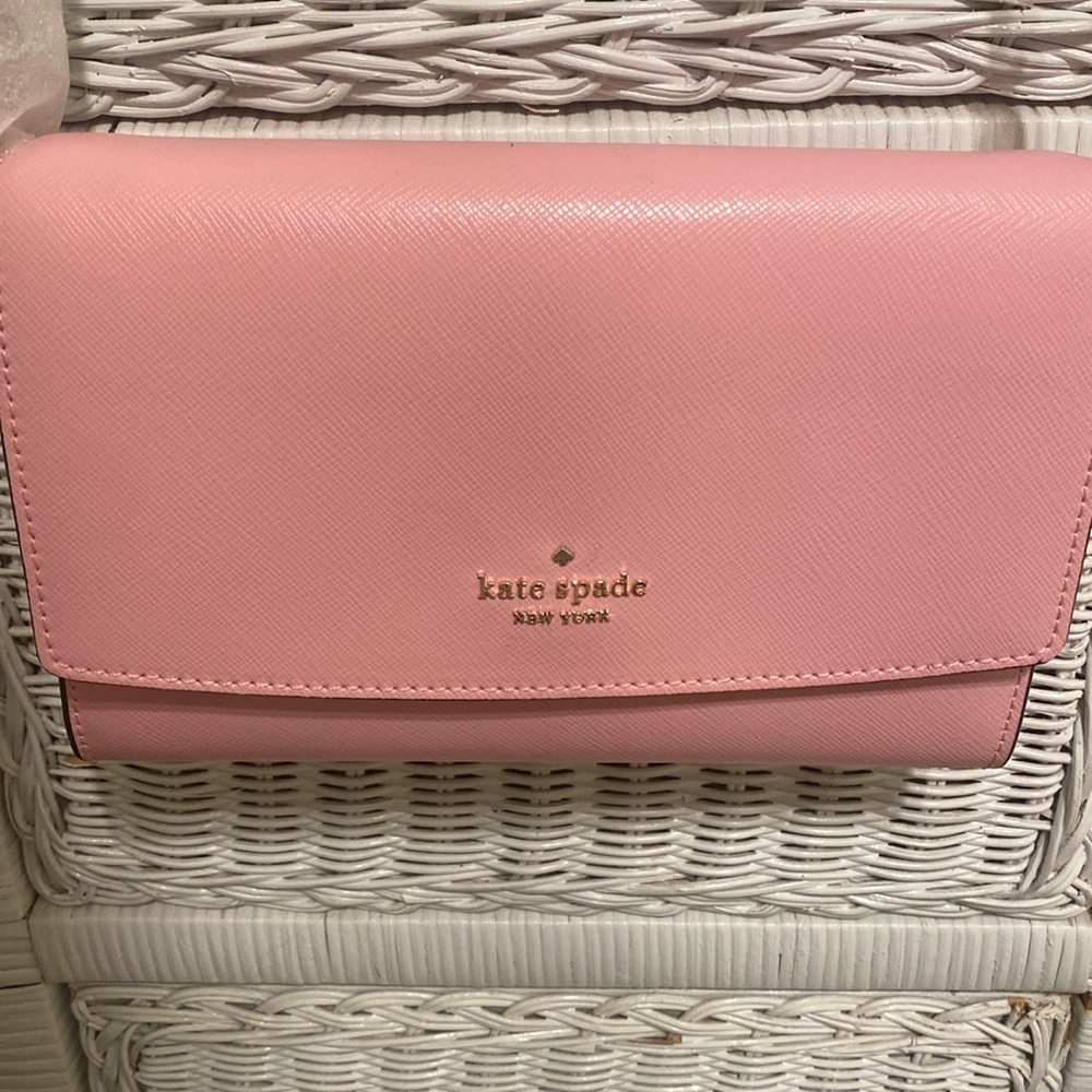 New with tags Kate Spade, leather wallet, cross body, pink, perfect condition